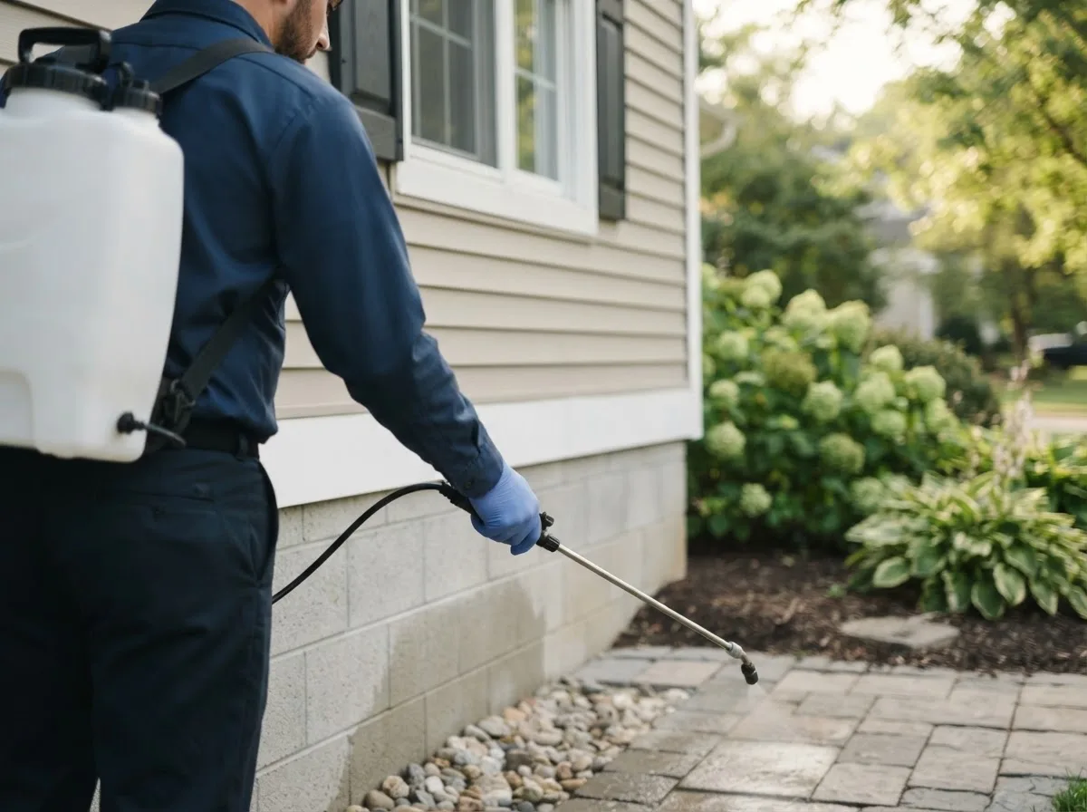 Pest control technician inspecting a home in Franklin, OH